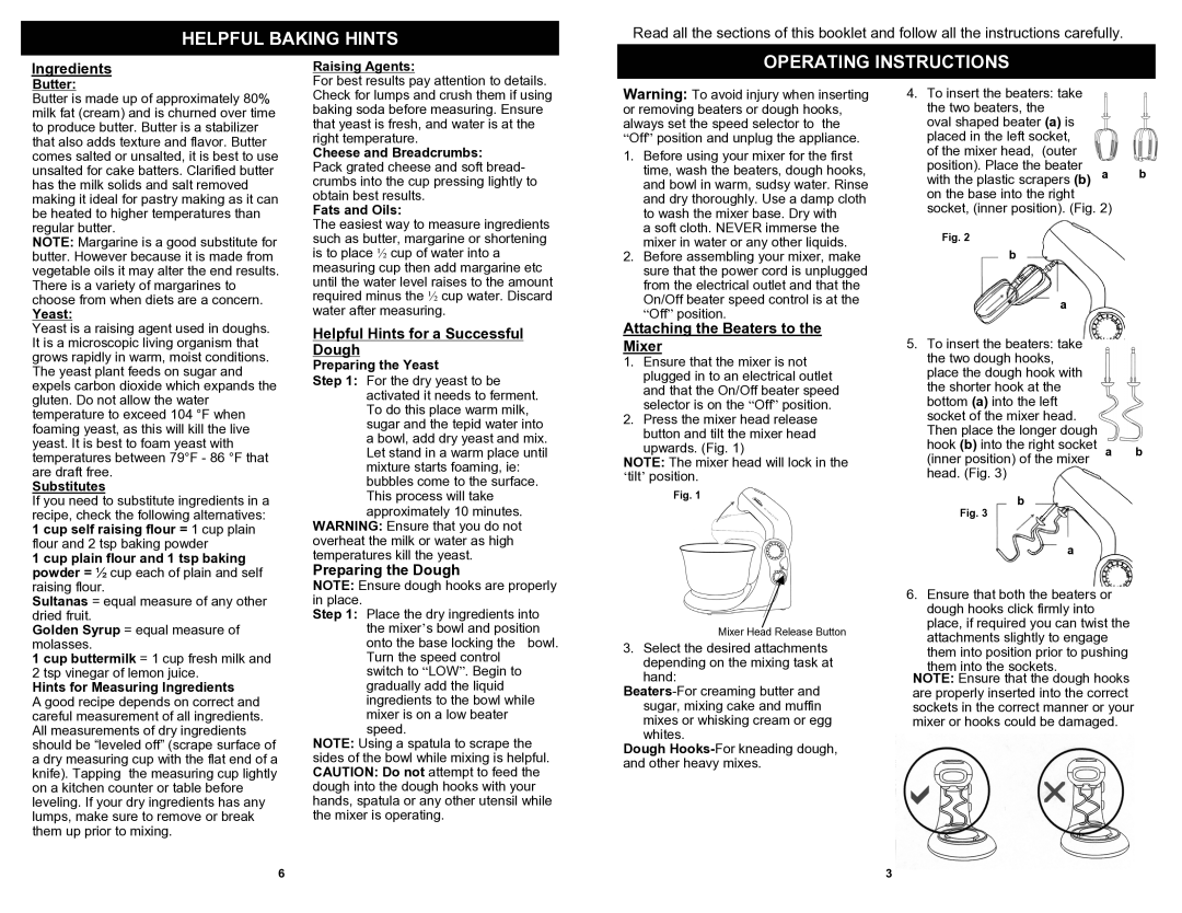 Bravetti EP595H owner manual Operating Instructions, Ingredients, Helpful Hints for a Successful Dough, Preparing the Dough 