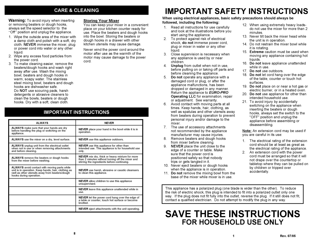 Bravetti EP595H owner manual Important Safety Instructions, Care & Cleaning, Important Instructions, Storing Your Mixer 