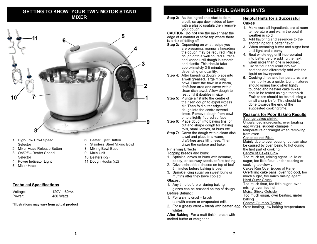 Bravetti EP595H Getting To Know Your Twin Motor Stand, Helpful Baking Hints, Mixer, Technical Specifications, Glazes 