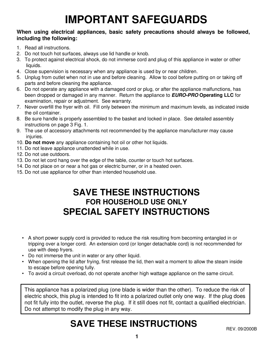 Bravetti EP64 manual Important Safeguards, For Household Use Only, Save These Instructions, Special Safety Instructions 