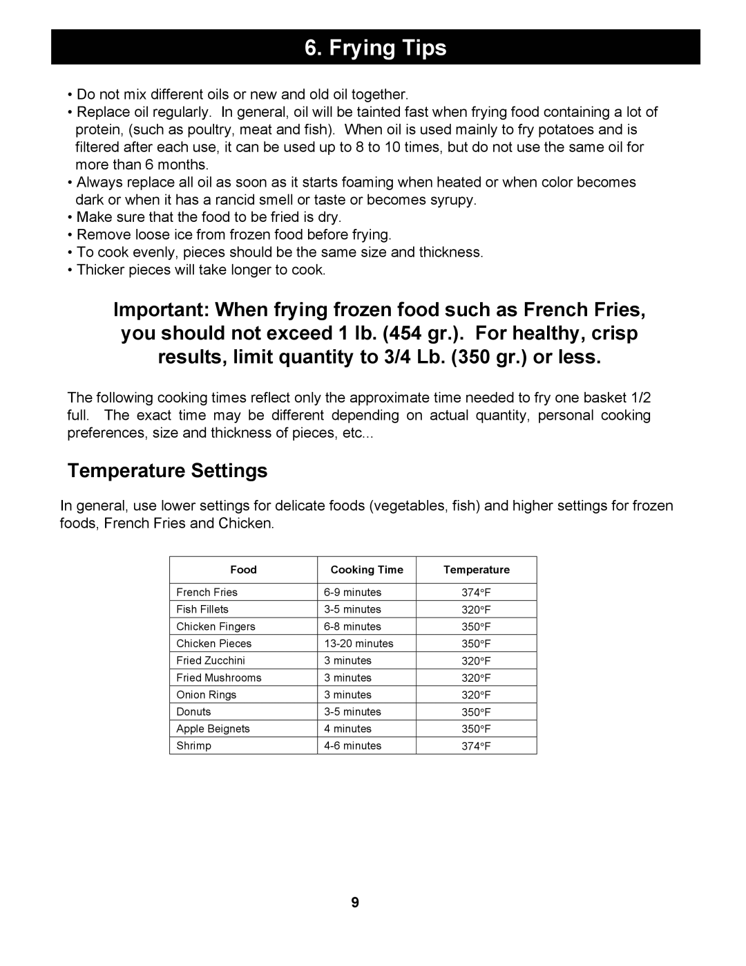 Bravetti EP65 manual Frying Tips, Temperature Settings 