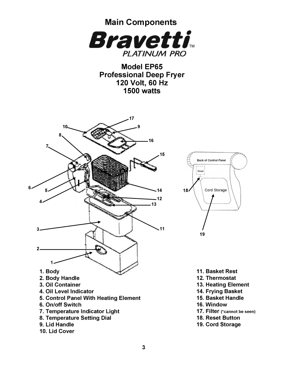 Bravetti manual Main Components, Model EP65 Professional Deep Fryer Volt, 60 Hz Watts 