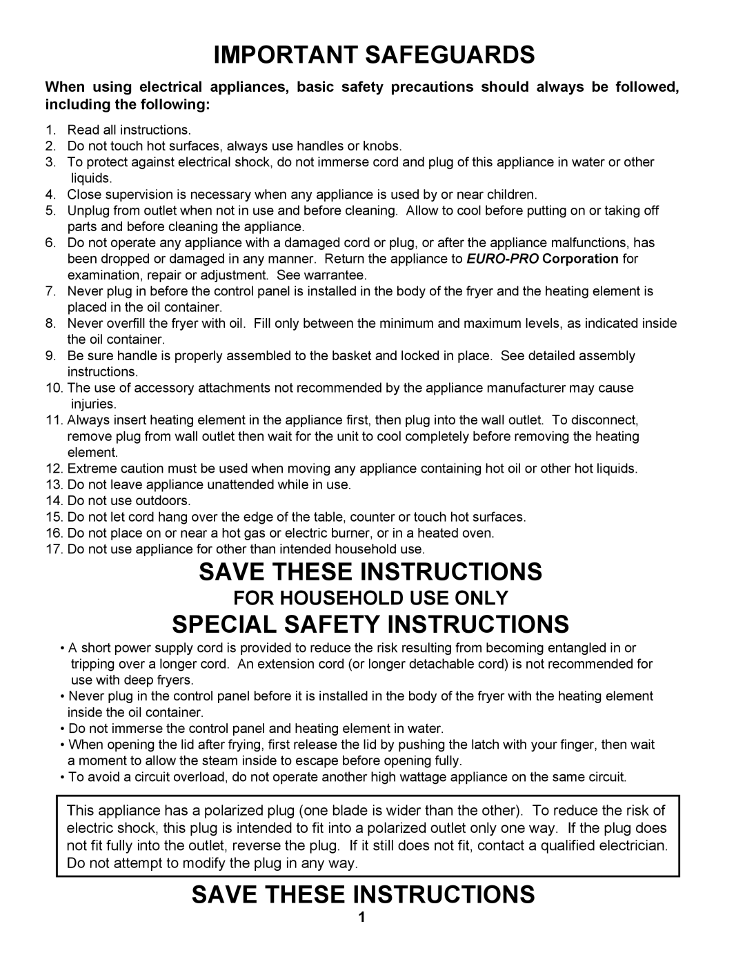 Bravetti EP65 manual For Household Use Only, Important Safeguards, Save These Instructions, Special Safety Instructions 