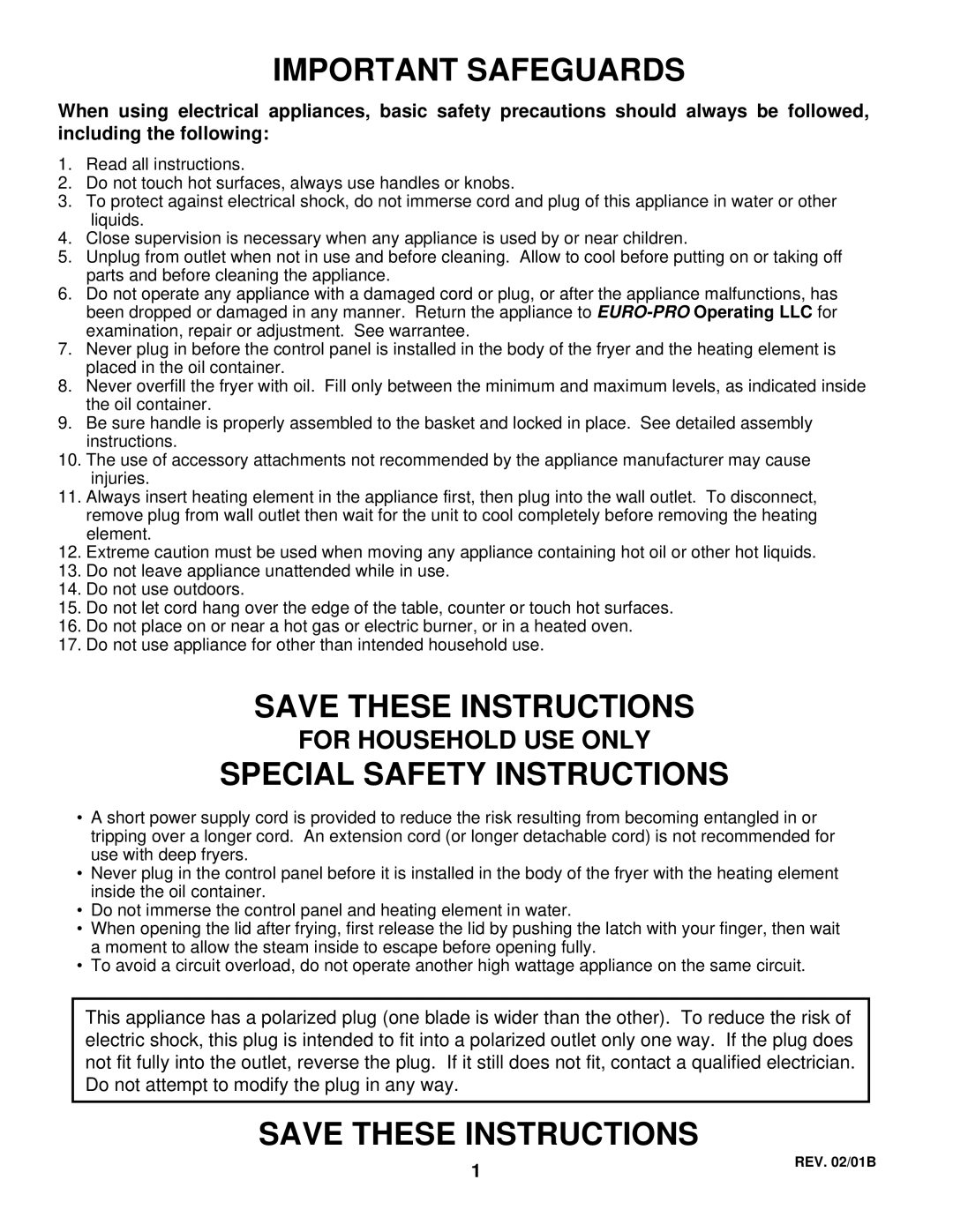 Bravetti EP65 manual For Household Use Only, Important Safeguards, Save These Instructions, Special Safety Instructions 