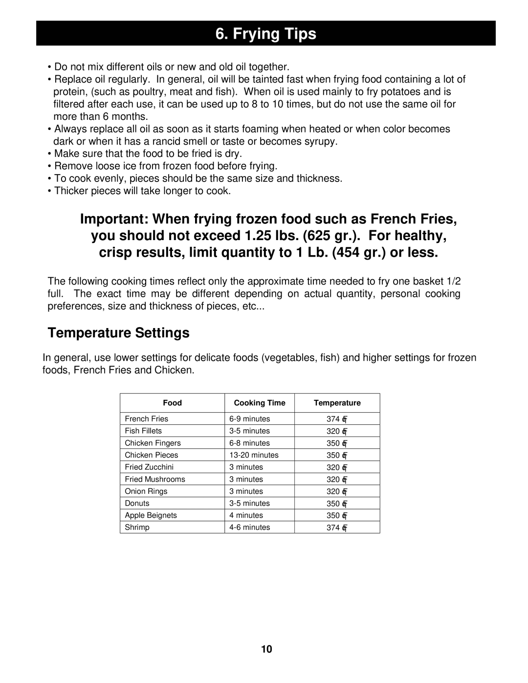 Bravetti EP67 manual Frying Tips, Temperature Settings 