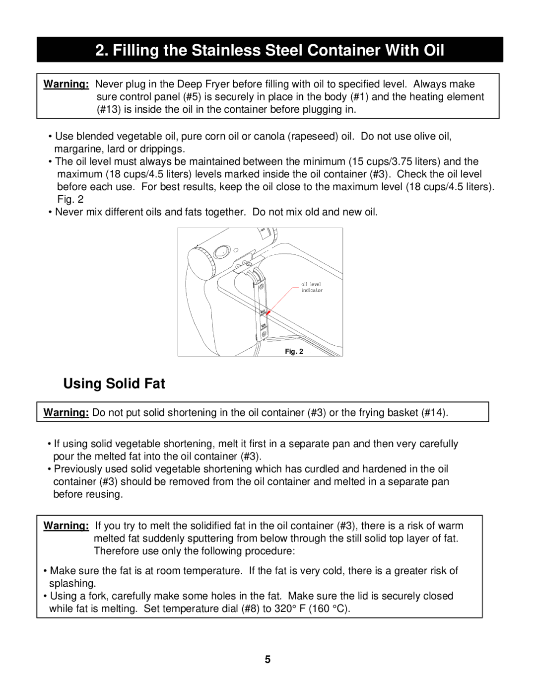 Bravetti EP67 manual Filling the Stainless Steel Container With Oil, Using Solid Fat 