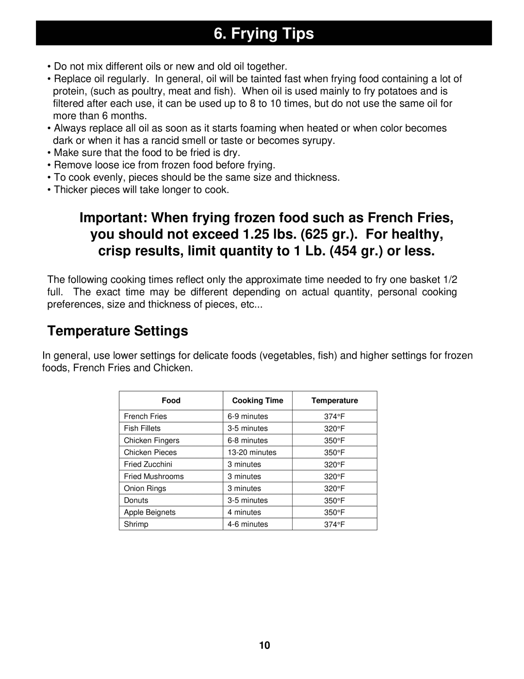 Bravetti EP67 manual Frying Tips, Temperature Settings 