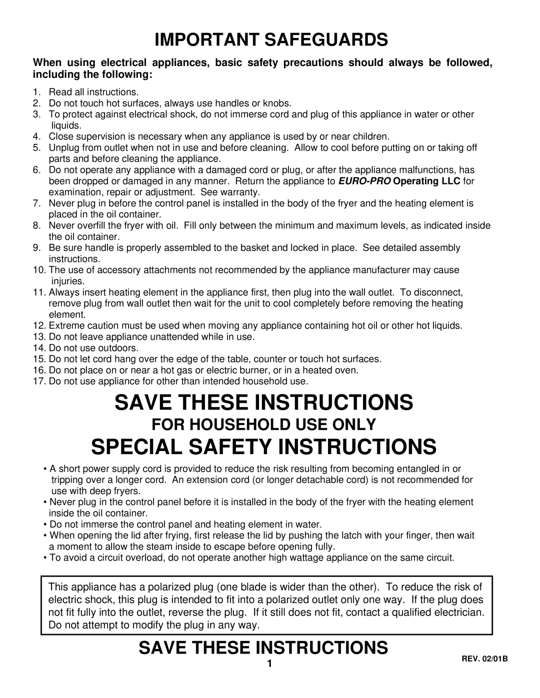 Bravetti EP67 manual Save These Instructions, Special Safety Instructions, For Household Use Only, Important Safeguards 