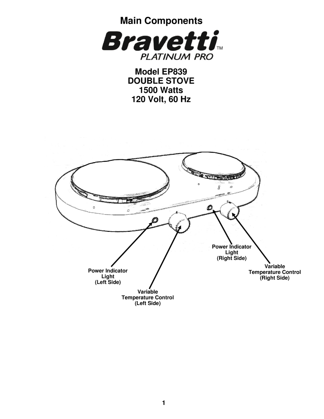 Bravetti EP839, EP836 manual Main Components, Double Stove 