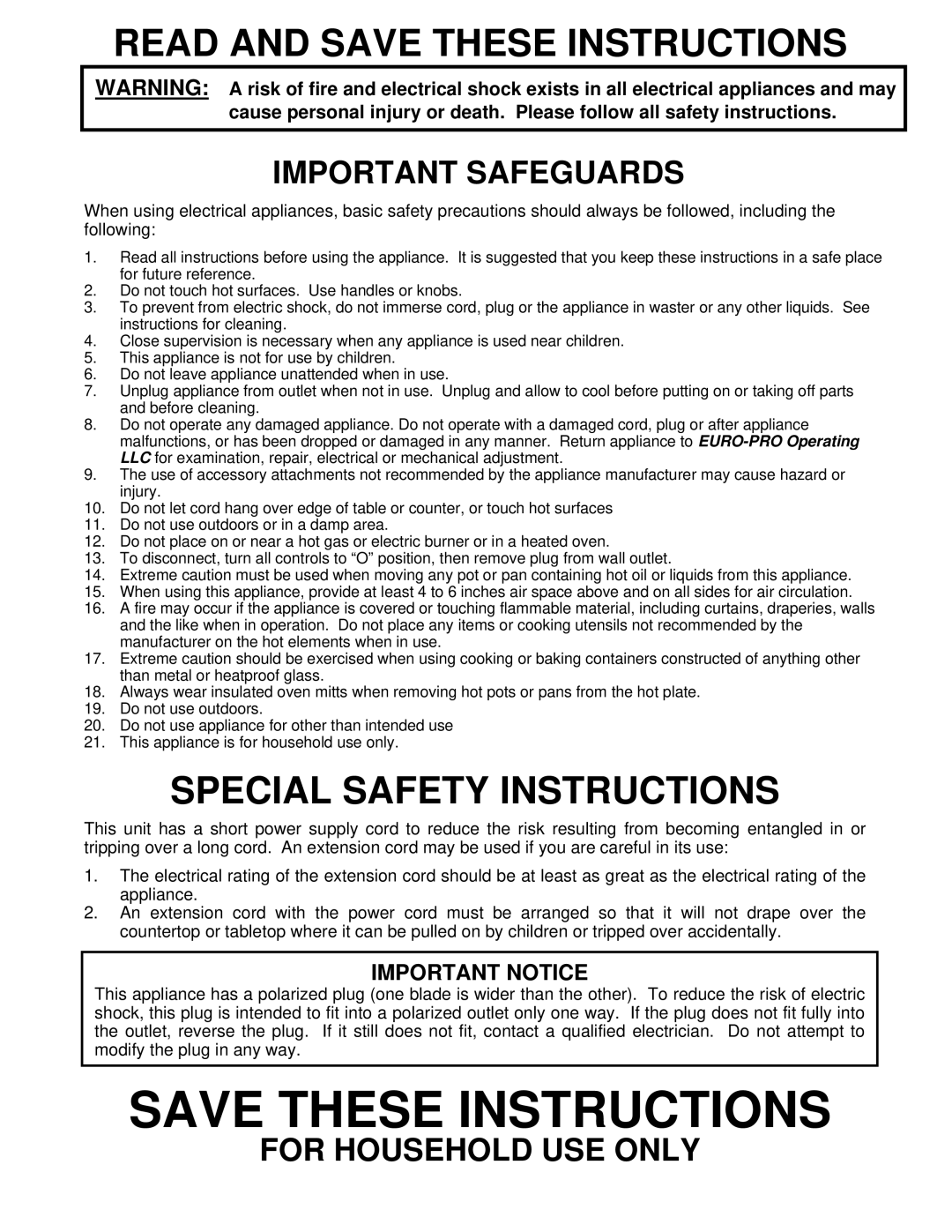 Bravetti EP836 Read And Save These Instructions, Special Safety Instructions, Important Safeguards, For Household Use Only 