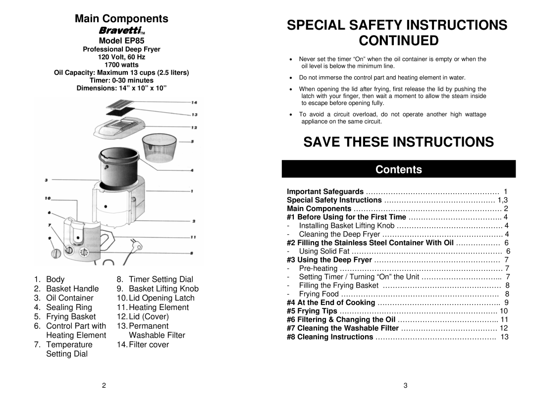 Bravetti EP85 manual Contents 