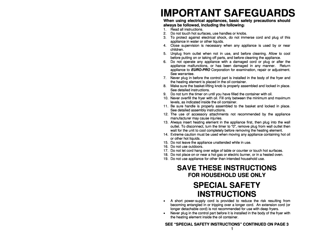 Bravetti EP85 manual Special Safety Instructions, Important Safeguards, Save These Instructions, For Household Use Only 