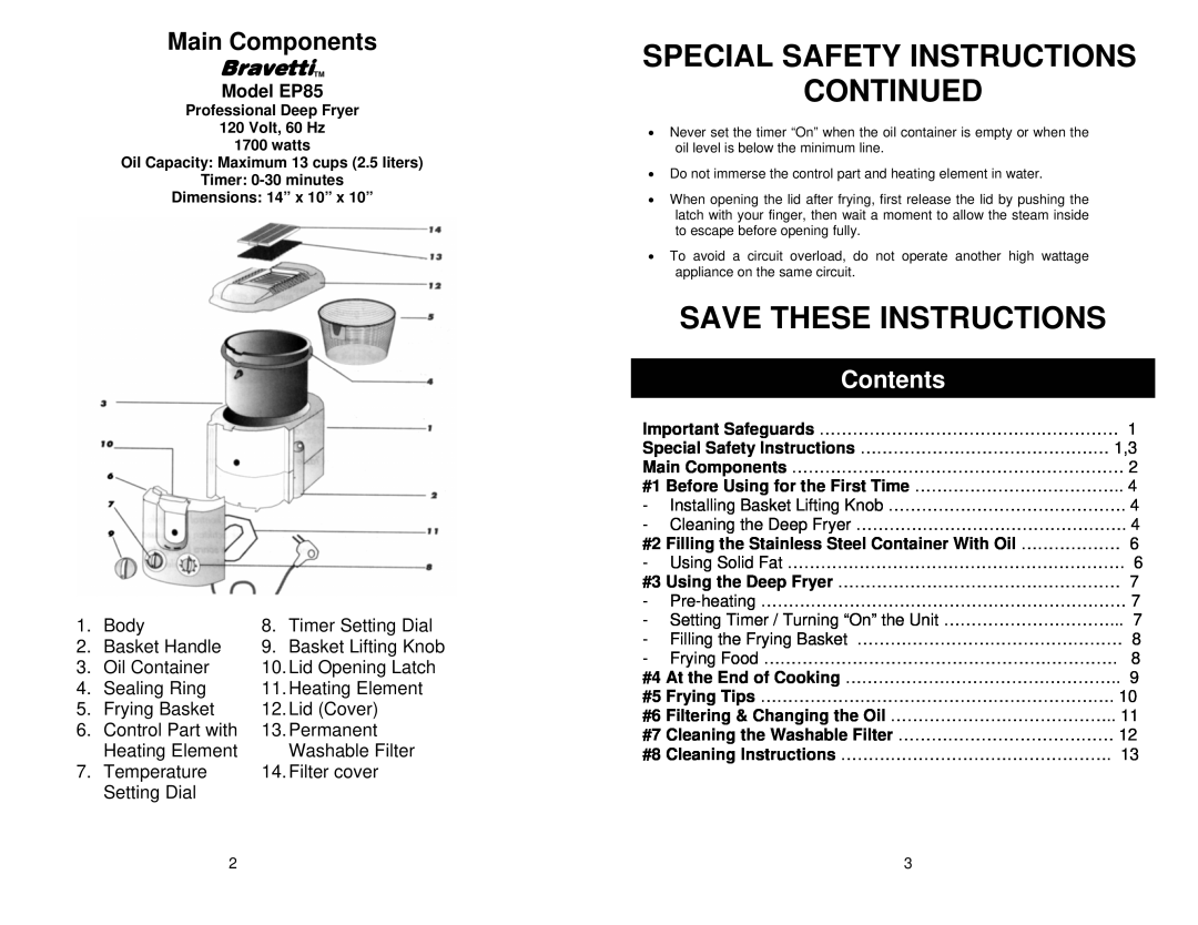 Bravetti manual Special Safety Instructions Continued, Save These Instructions, Model EP85, Main Components, Contents 