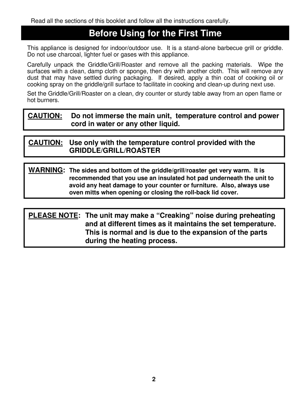 Bravetti EP865 manual Before Using for the First Time, Griddle/Grill/Roaster 