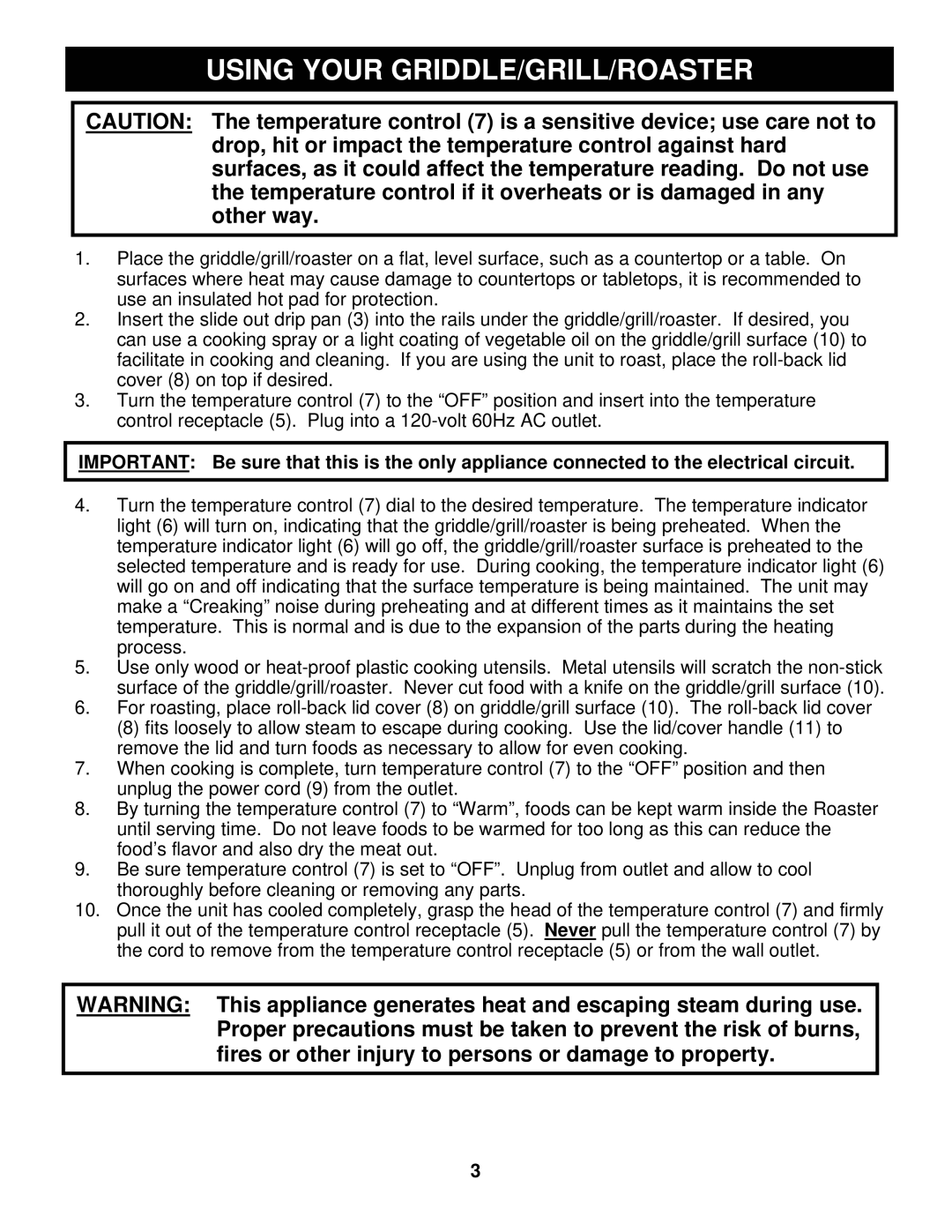 Bravetti EP865 manual Using Your GRIDDLE/GRILL/ROASTER 