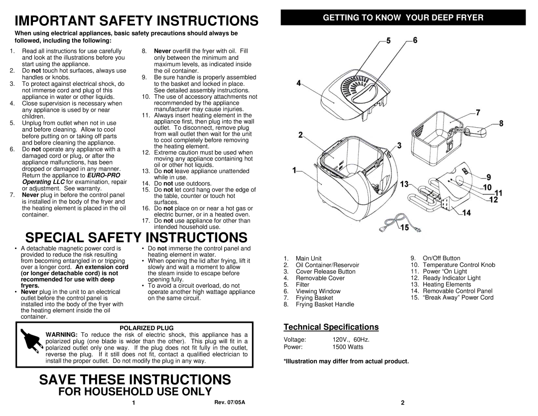 Bravetti F1011H owner manual For Household USE only, Getting to Know Your Deep Fryer 