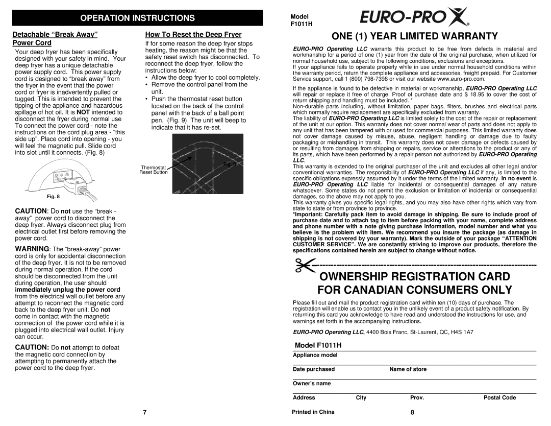 Bravetti Ownership Registration Card for Canadian Consumers only, Detachable Break Away Power Cord, Model F1011H 