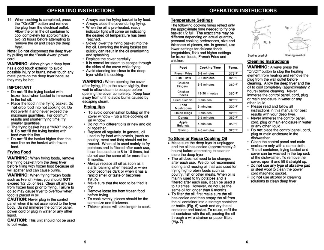 Bravetti F1011H Operation Instructions, Frying Food, Frying tips, Temperature Settings, To Store or Reuse Cooking Oil 