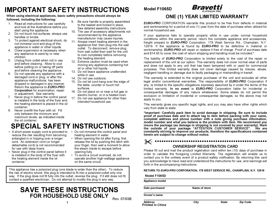 Bravetti F1065D owner manual Important Safety Instructions 