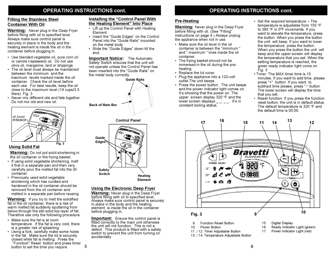 Bravetti F1065D owner manual Filling the Stainless Steel Container With Oil, Pre-Heating, Using Solid Fat 