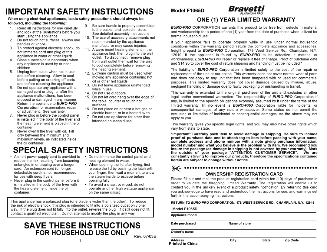 Bravetti ONE 1 YEAR LIMITED WARRANTY, Model F1065D, Important Safety Instructions, Special Safety Instructions 