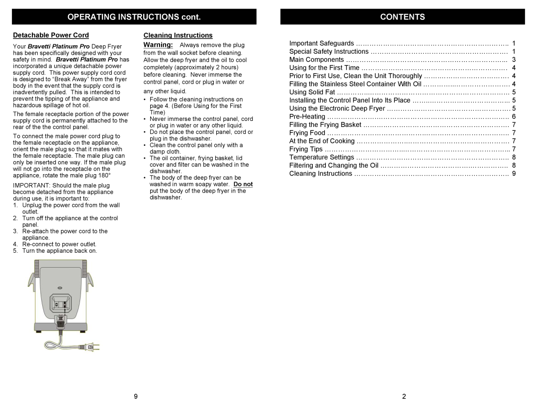 Bravetti F1065D owner manual OPERATING INSTRUCTIONS cont, Contents, Detachable Power Cord 