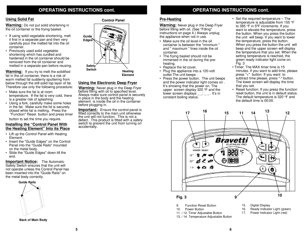 Bravetti F1066 owner manual Using Solid Fat, Pre-Heating, Control Panel 