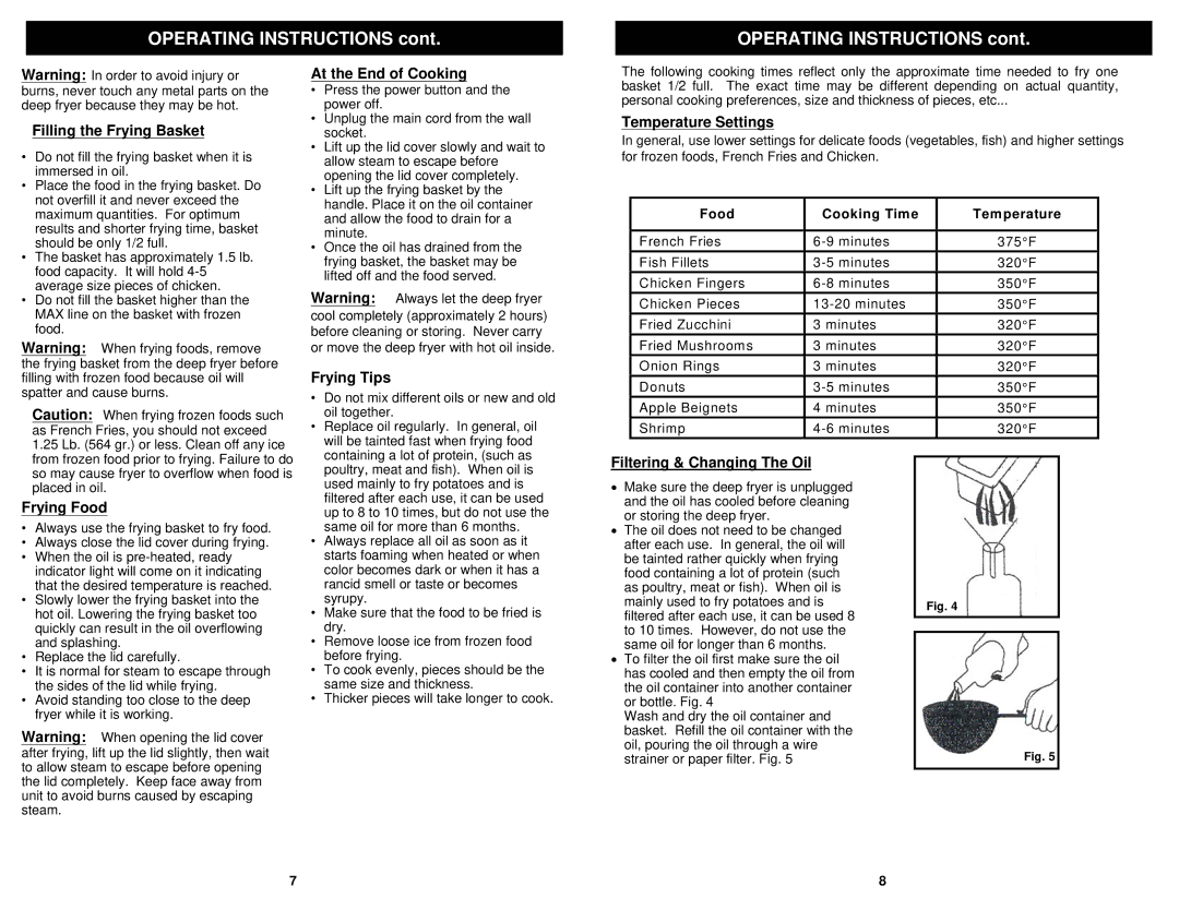 Bravetti F1066 Filling the Frying Basket, Frying Food, At the End of Cooking, Frying Tips, Temperature Settings 