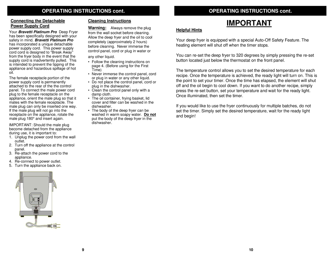 Bravetti F1066 owner manual Connecting the Detachable Power Supply Cord, Cleaning Instructions, Helpful Hints 