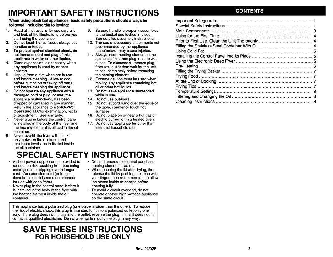 Bravetti F1066 owner manual Contents, Important Safety Instructions, Special Safety Instructions, Save These Instructions 