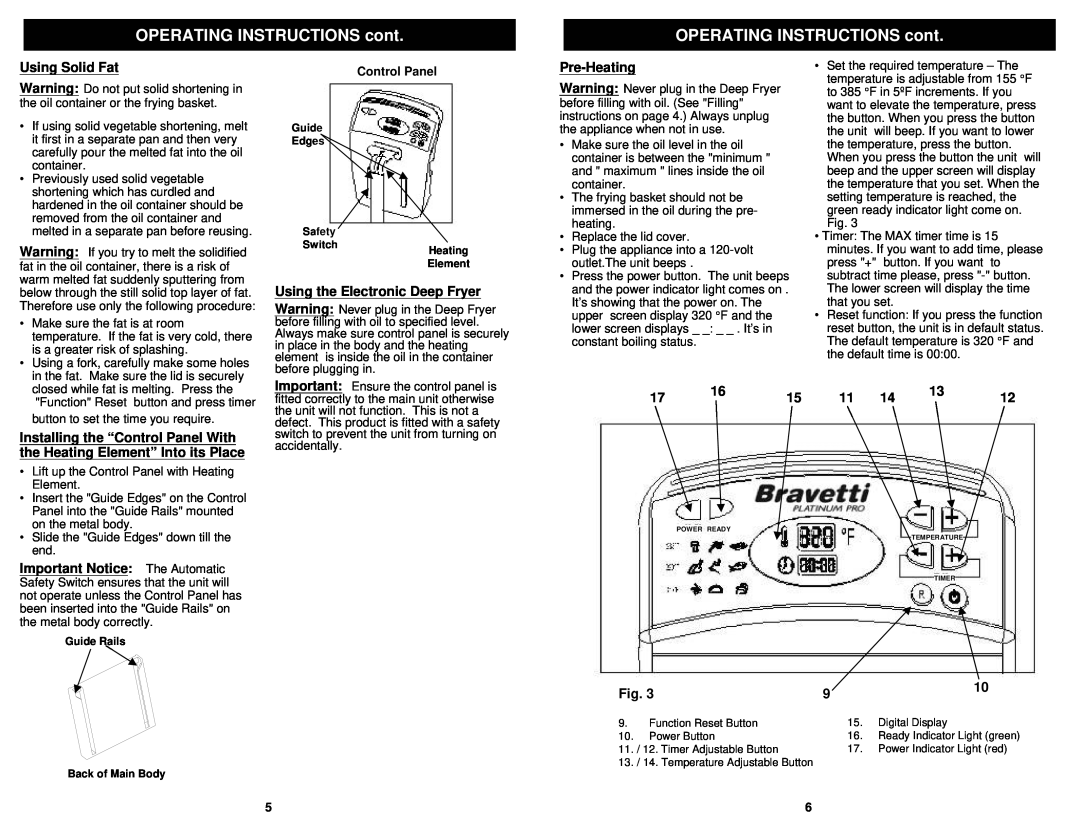 Bravetti F1066 owner manual OPERATING INSTRUCTIONS cont, Using Solid Fat, Pre-Heating, Control Panel 