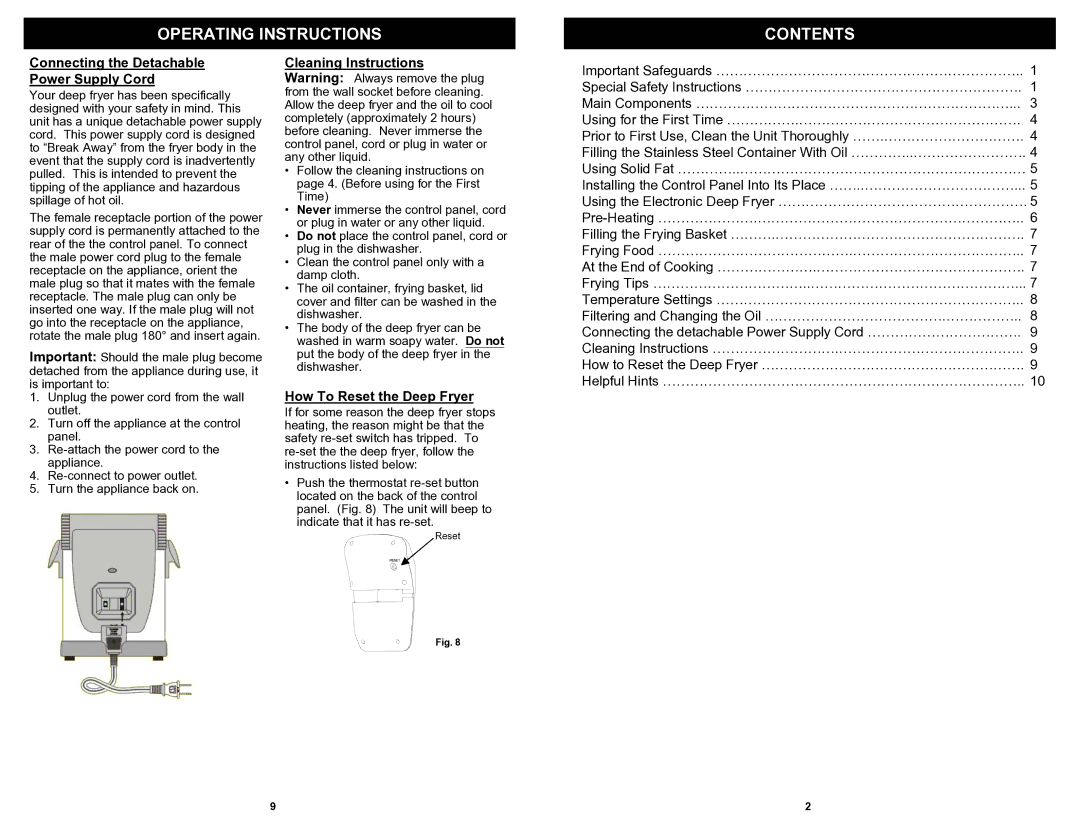 Bravetti F1068H owner manual Operating Instructions Contents 