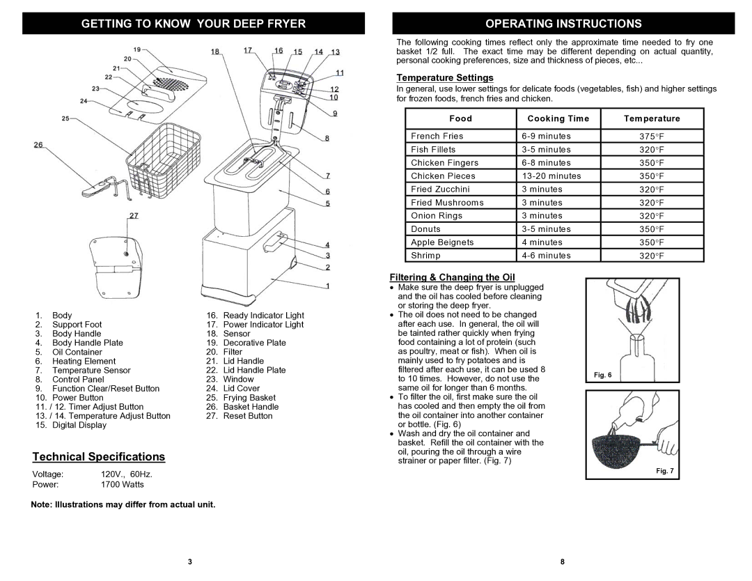 Bravetti F1068H Getting to Know Your Deep Fryer Operating Instructions, Temperature Settings, Filtering & Changing the Oil 