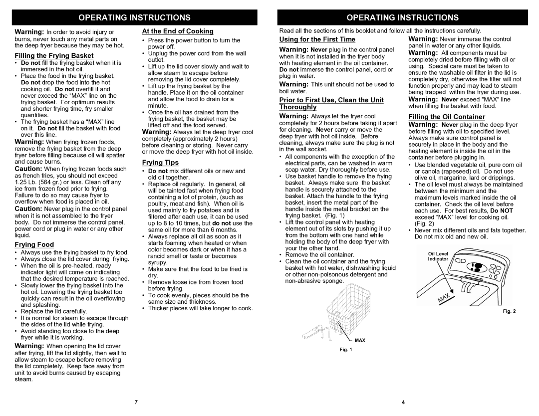 Bravetti F1068H owner manual At the End of Cooking, Filling the Frying Basket, Frying Food, Frying Tips 