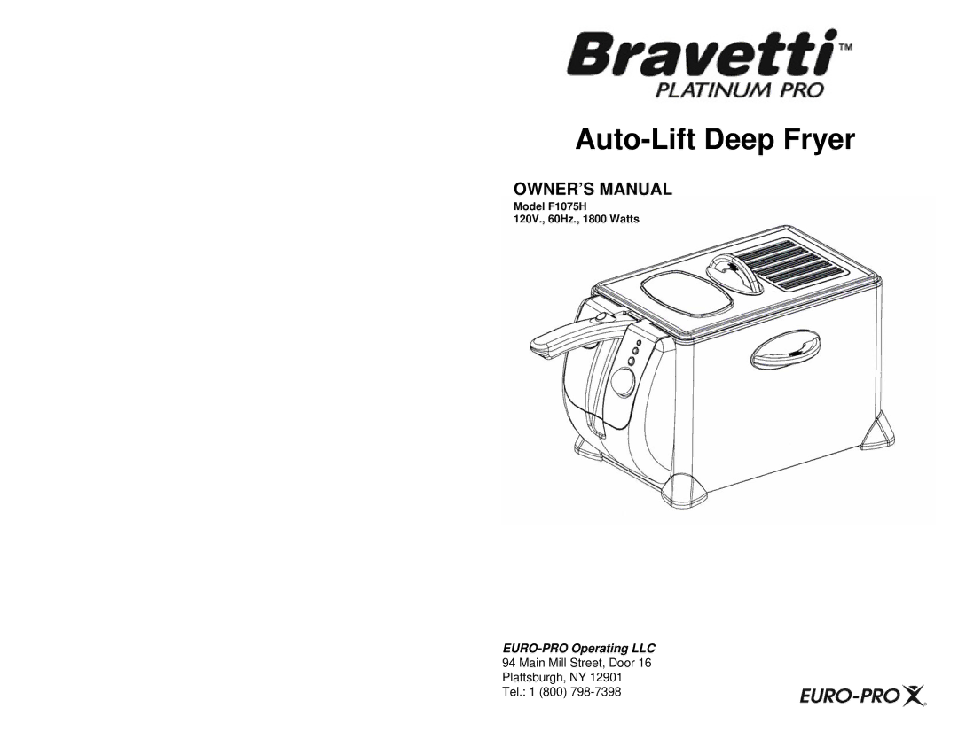 Bravetti F1075H owner manual Auto-Lift Deep Fryer 