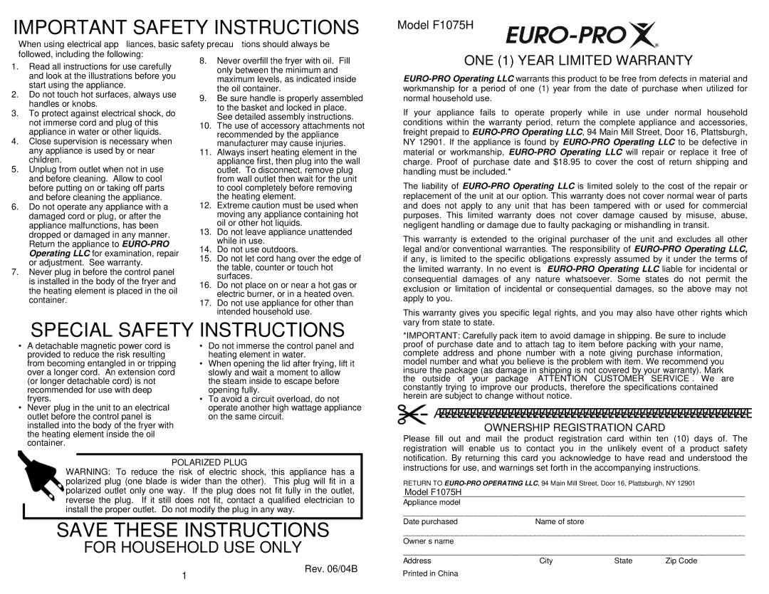 Bravetti F1075H owner manual Important Safety Instructions 