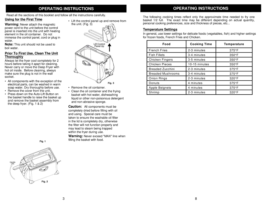 Bravetti F1075H owner manual Temperature Settings, Food Cooking Time Temperature 