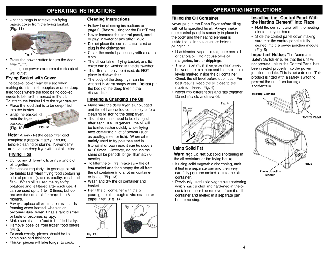 Bravetti F1075H Frying Basket with Cover, Cleaning Instructions, Filtering & Changing The Oil, Filling the Oil Container 