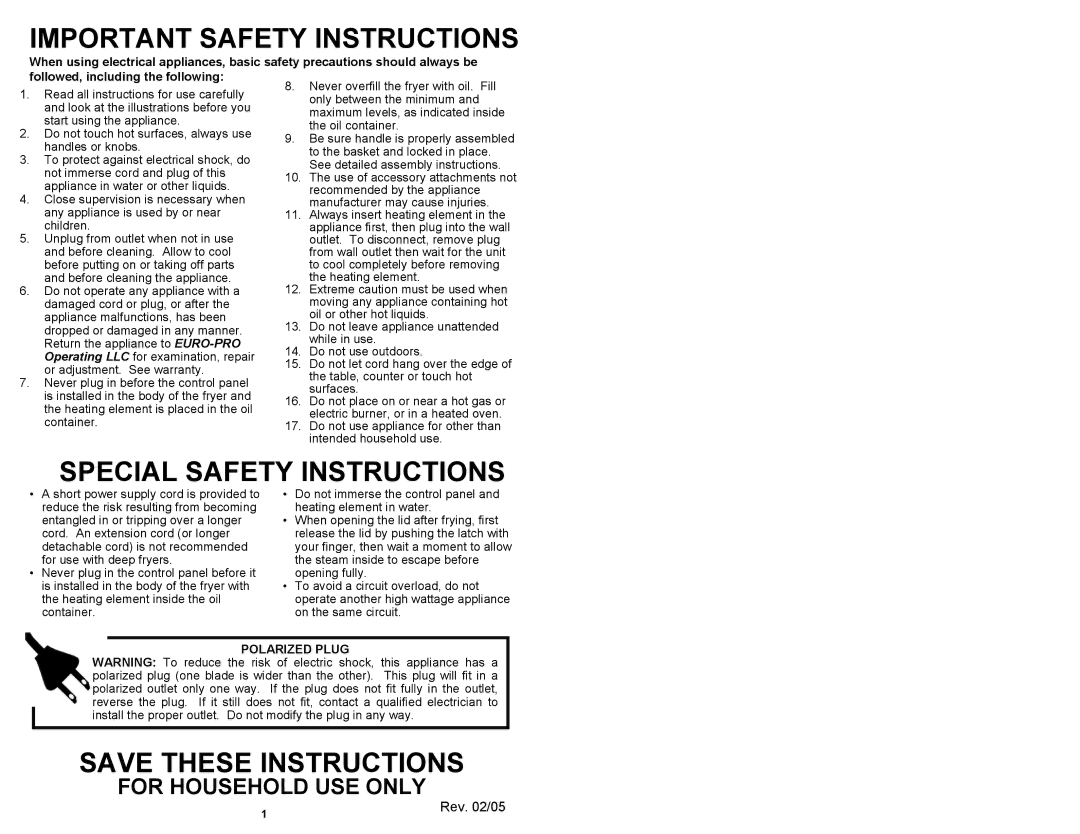 Bravetti F1100H owner manual Important Safety Instructions, Rev /05 