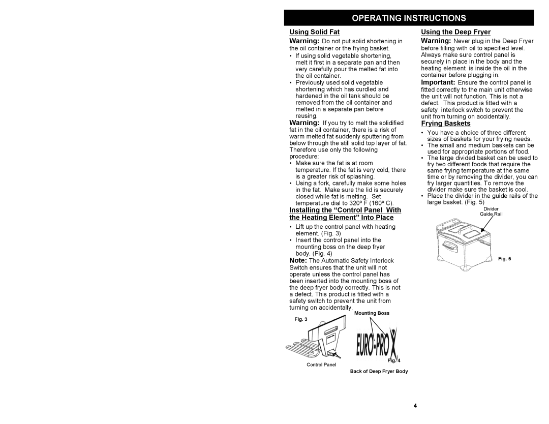 Bravetti F1100H owner manual Using Solid Fat, Using the Deep Fryer Frying Baskets 