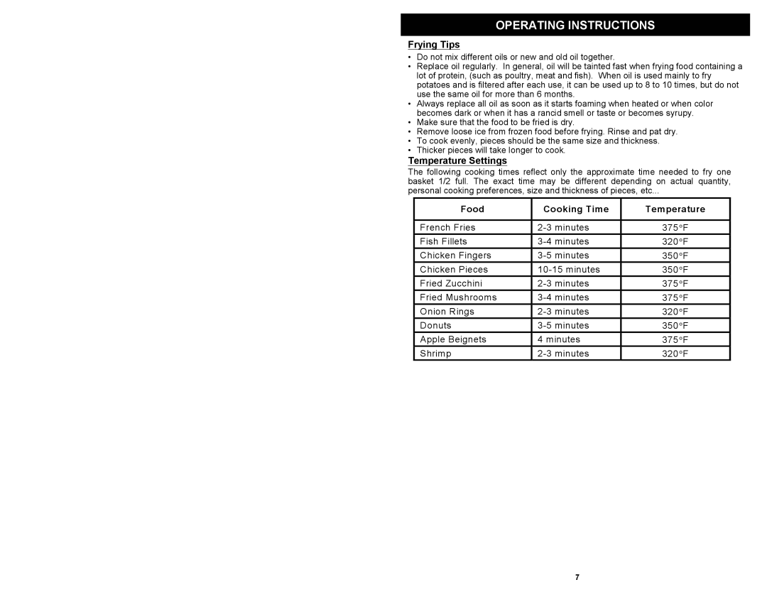 Bravetti F1100H owner manual Frying Tips, Temperature Settings 