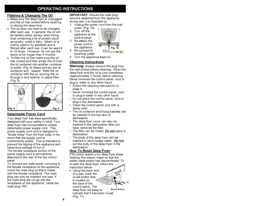 Bravetti F1100H Filtering & Changing The Oil, Detachable Power Cord, Cleaning Instructions, How To Reset Deep Fryer 