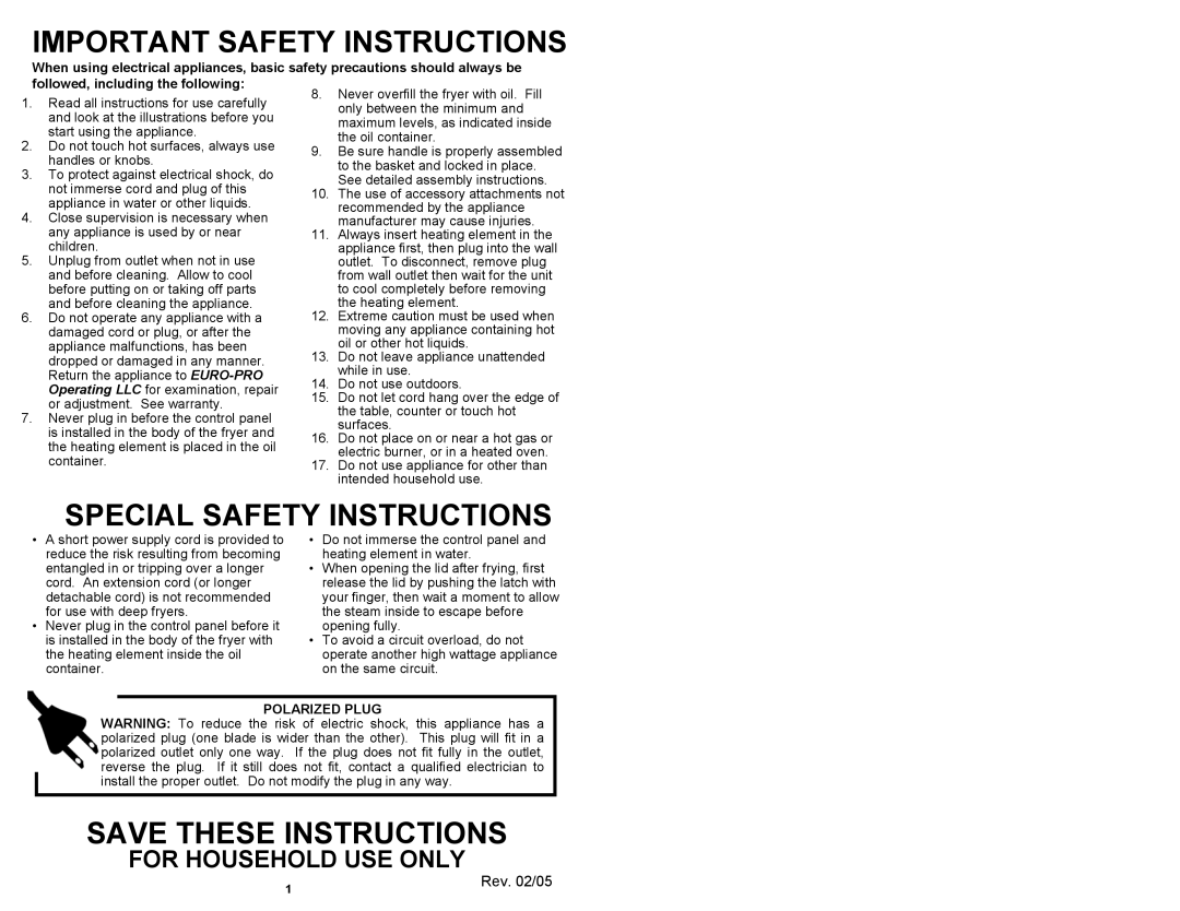 Bravetti F1100H Rev. 02/05, Important Safety Instructions, Special Safety Instructions, Save These Instructions 