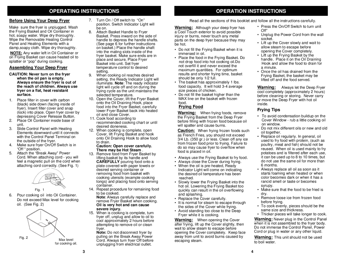 Bravetti F2000 Operating Instructions Operation Instructions, Before Using Your Deep Fryer, Assembling Your Deep Fryer 