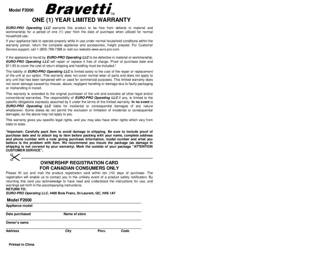 Bravetti owner manual ONE 1 Year Limited Warranty, Model F2000 