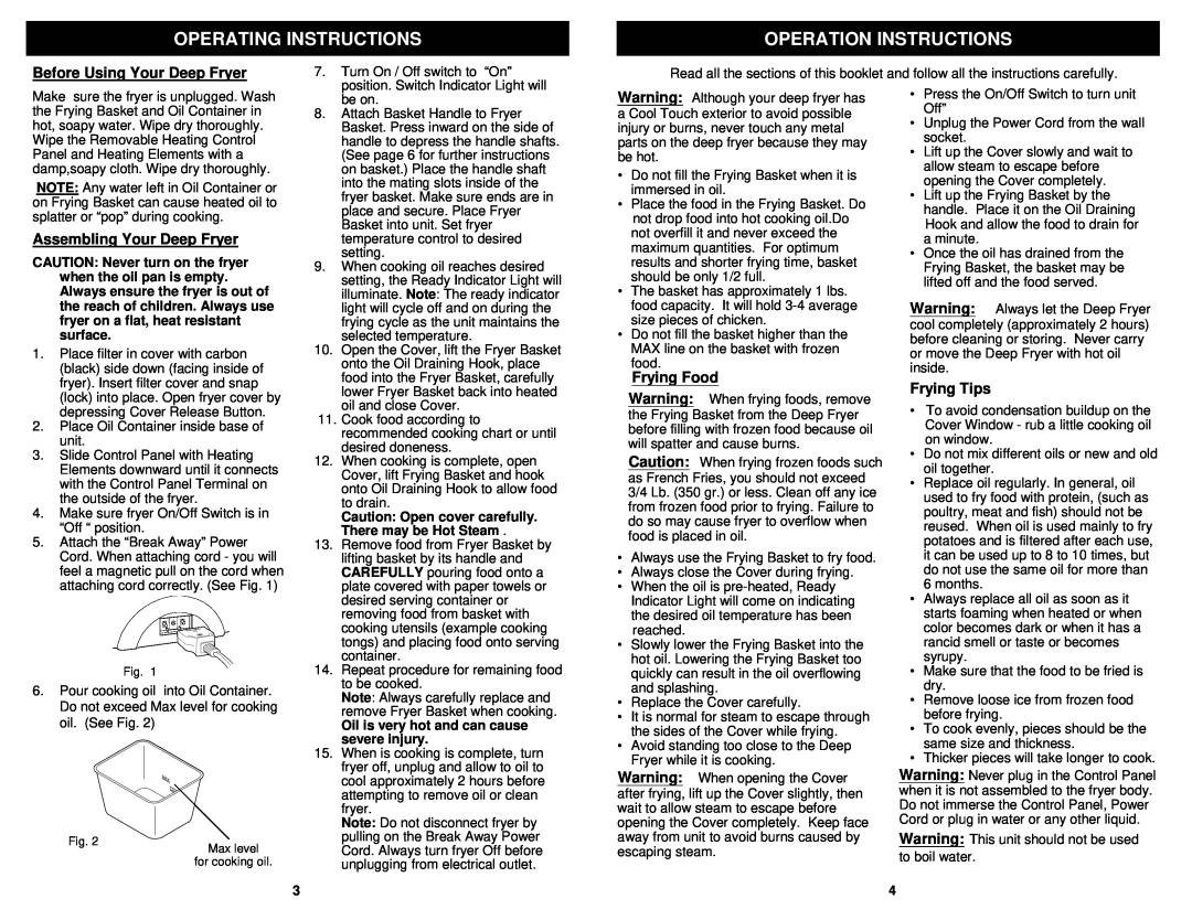 Bravetti F2000 Operating Instructions, Operation Instructions, Before Using Your Deep Fryer, Assembling Your Deep Fryer 
