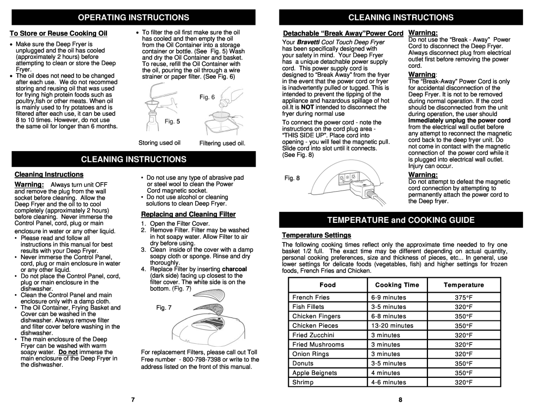 Bravetti F2000 Cleaning Instructions, TEMPERATURE and COOKING GUIDE, To Store or Reuse Cooking Oil, Temperature Settings 