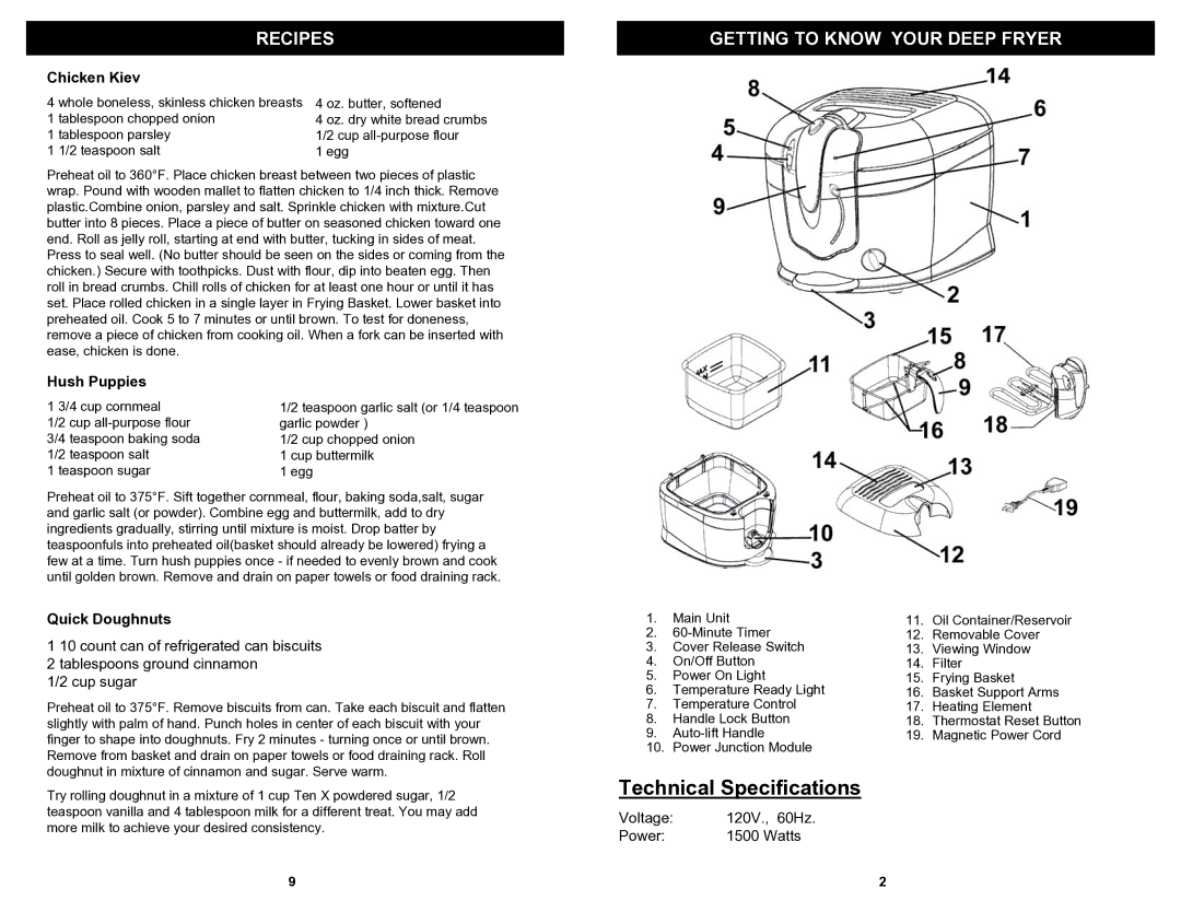 Bravetti F2015H owner manual Recipes Getting to Know Your Deep Fryer, Chicken Kiev, Hush Puppies, Quick Doughnuts 