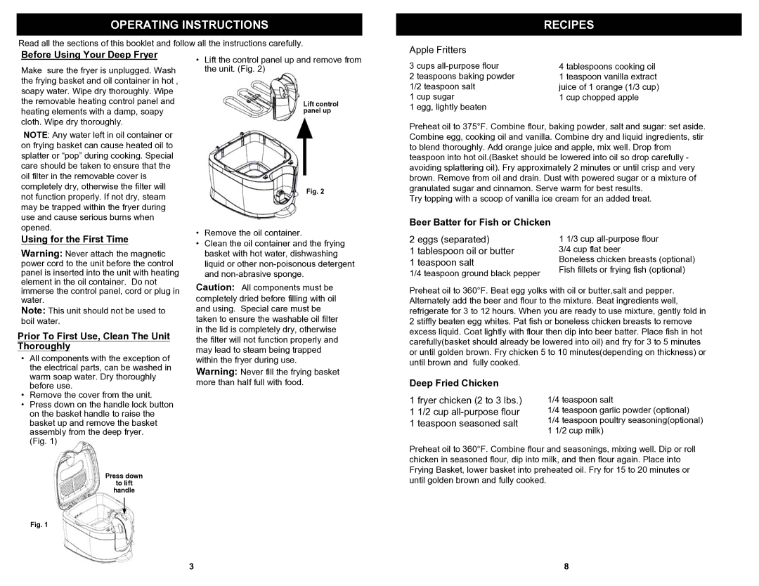 Bravetti F2015H owner manual Operating Instructions, Recipes 