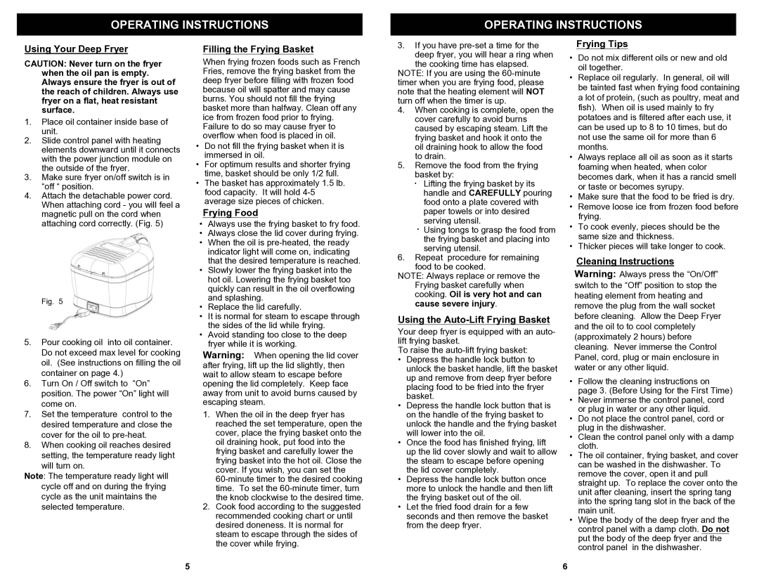 Bravetti F2015H Using Your Deep Fryer, Filling the Frying Basket, Frying Food, Using the Auto-Lift Frying Basket 